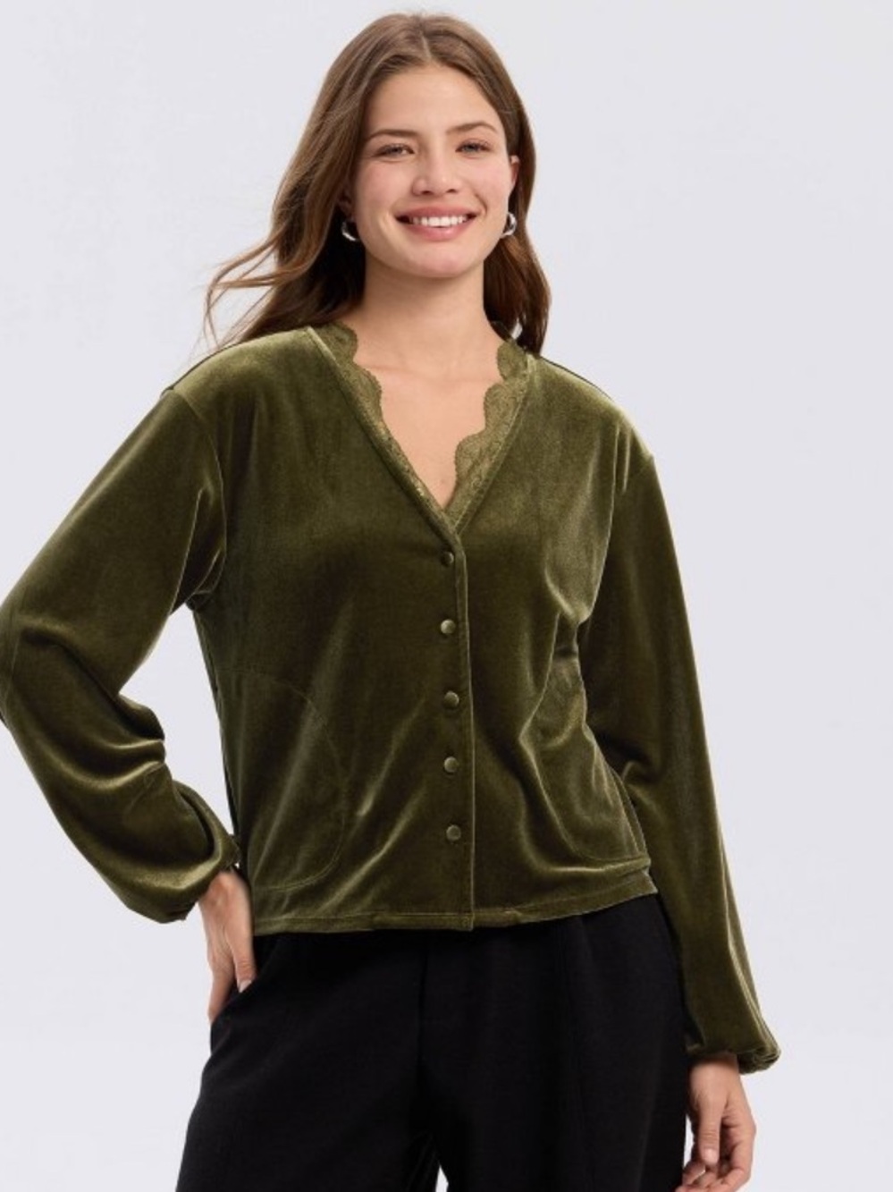 NWT XL Universal Thread Olive Velvet Button-Down Top with Scalloped Lace V-Neck